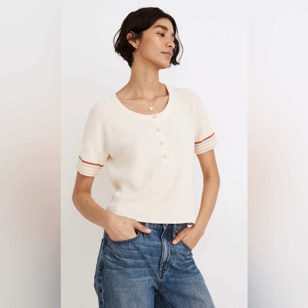 Madewell Henley Sweater Tee In Vintage Parchment Rainbow Stripe Size M
